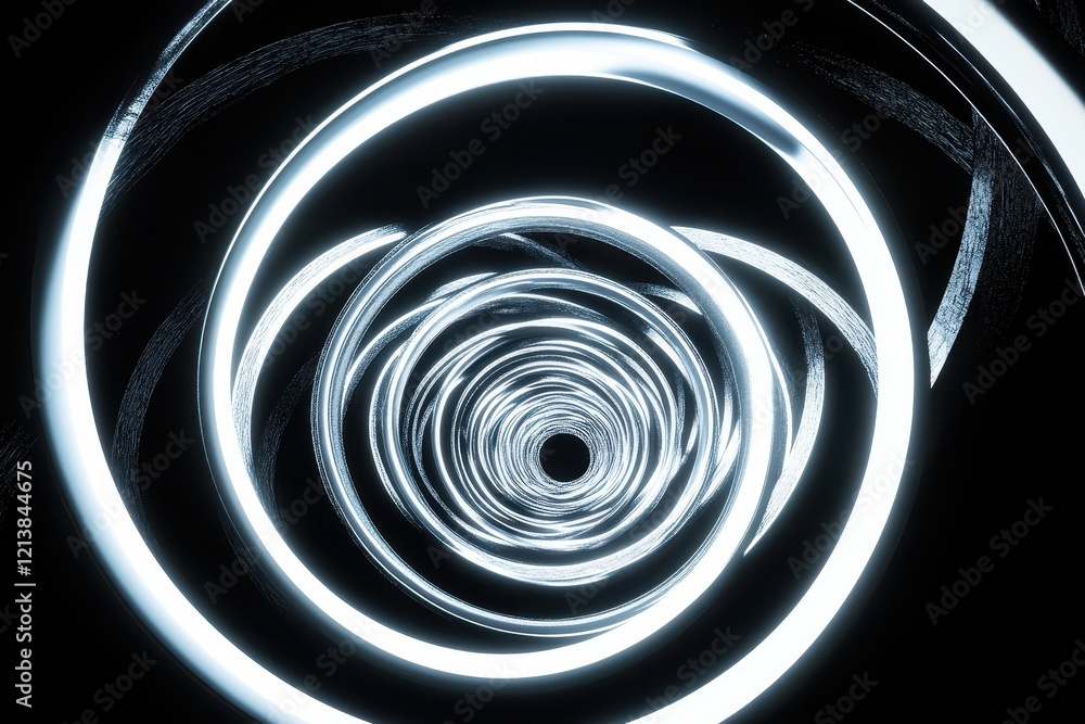 Poster swirling rings of light create a mesmerizing illusion of depth and movement in a dark void at night.