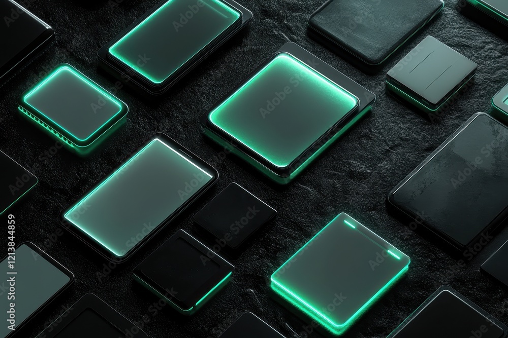 Aufkleber tech accessories illuminated in green light arranged on a dark surface creating an intriguing futuri