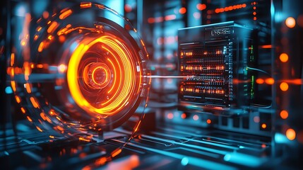 Glowing energy core surrounded by neon wires and digital interfaces in a tech lab