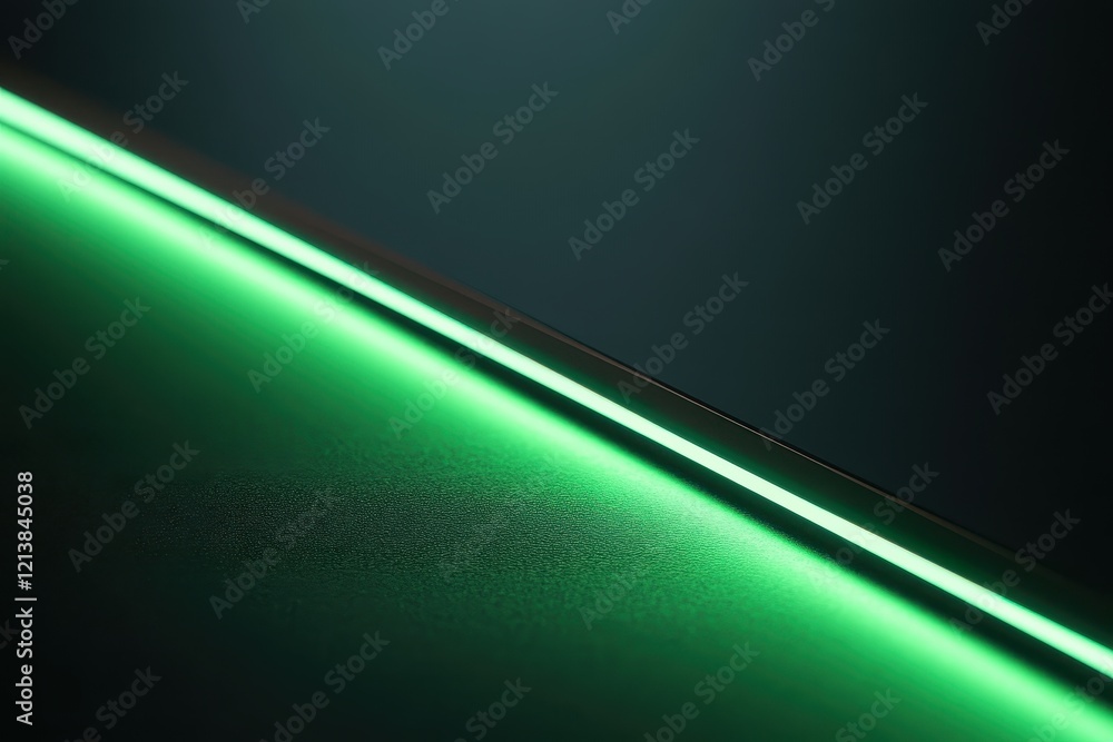 Poster creating a mesmerizing atmosphere with a vibrant green light strip illuminating a sleek surface at n