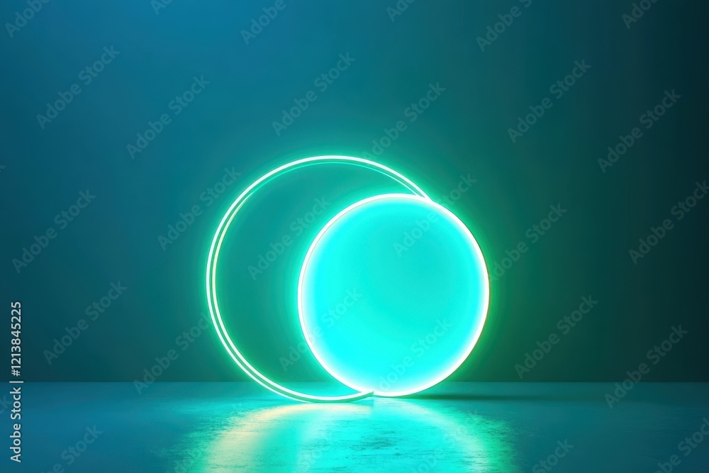 Poster glowing turquoise circles create a mesmerizing atmosphere in a minimalistic space during the evening