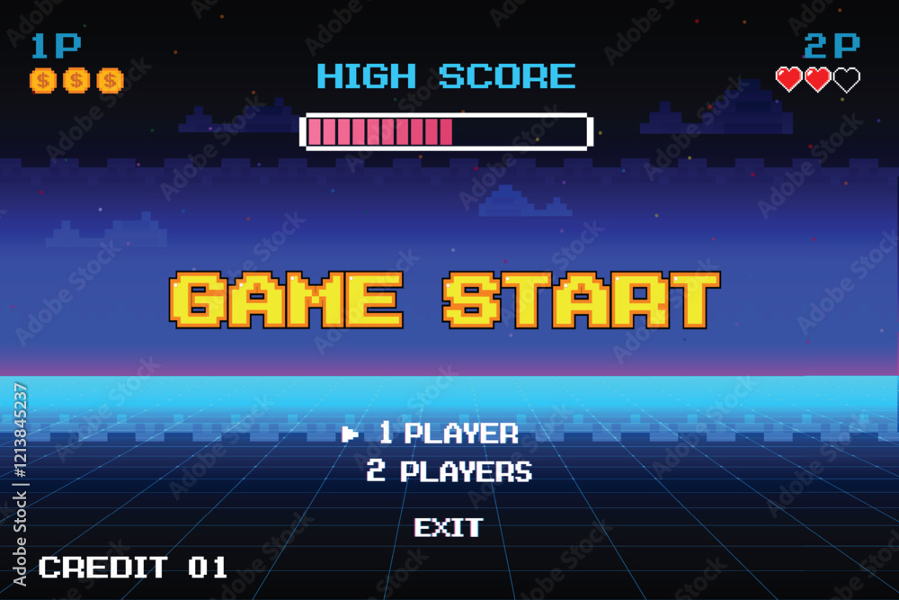 Poster game start. pixel art .8 bit game. retro game. for game assets in vector illustrations. arcade gamin