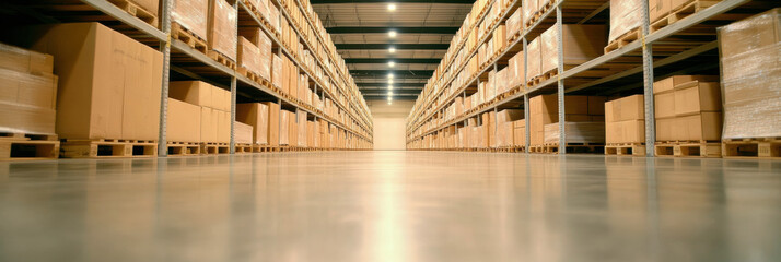 Obraz premium Expansive warehouse interior with stacked cardboard boxes on pallets