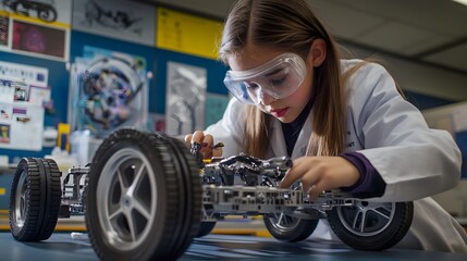 Young girl scientist assembles a small model car
