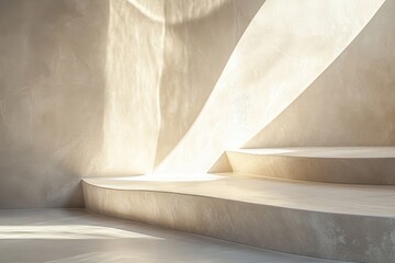 Soft light dances on curving surfaces in a minimalist interior space during golden hour. Generative AI