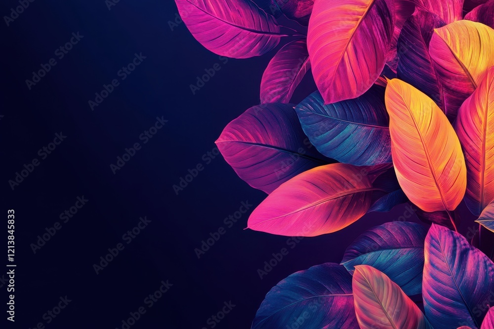 Poster vibrant tropical leaves create a stunning visual display against a dark background in this artistic 