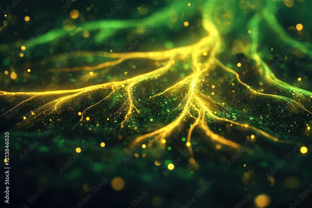 Poster enchanting glow of luminous roots in a mystical forest during twilight hours. generative ai