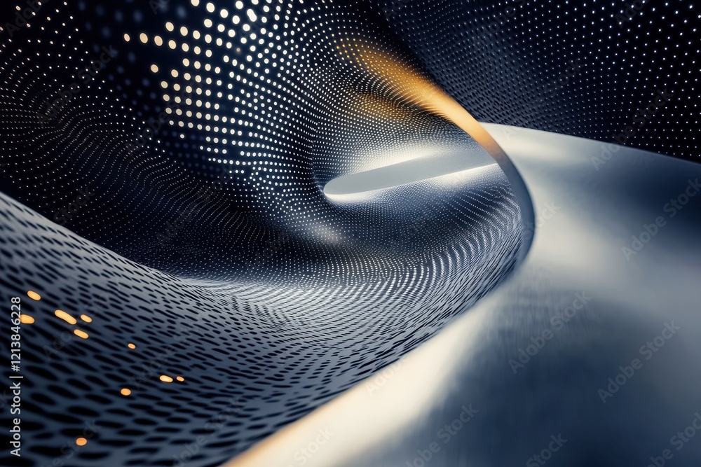 Poster dynamic curves and patterns weave through a futuristic landscape, creating an illusion of depth and 