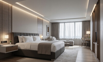 Tech-centric guest room in moonstone gray, with smart furniture that adjusts for guest comfort and convenience. The room features AI-powered