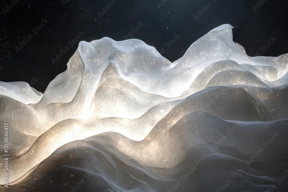 Poster illuminated waves of ethereal light cascading across an otherworldly landscape at twilight. generati