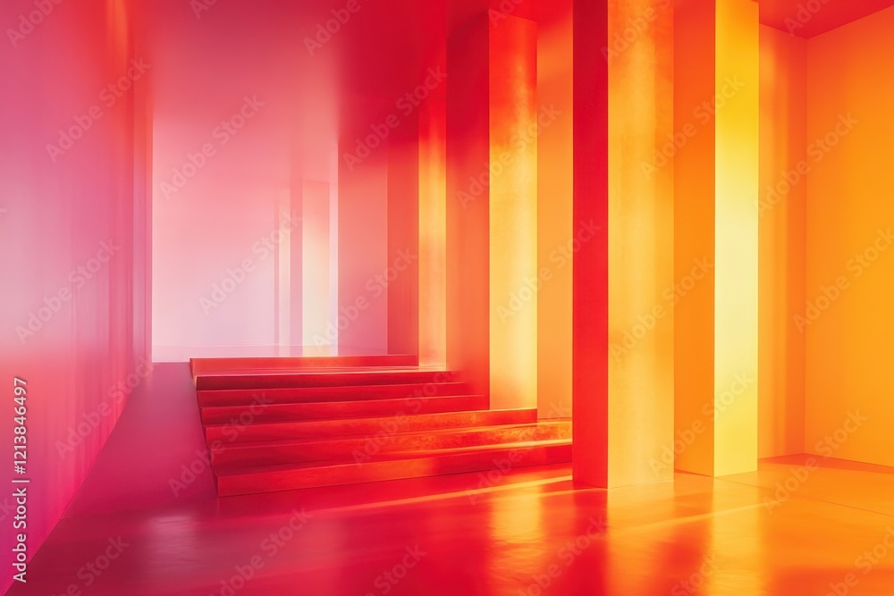 Poster vibrant red and orange hallway with illuminated steps creating an ethereal atmosphere in an abstract