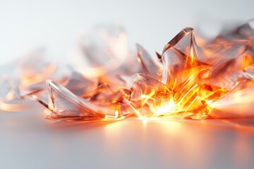 Shattered glass pieces golden glow reflecting light in an artistic display on a minimalist surface. Generative AI