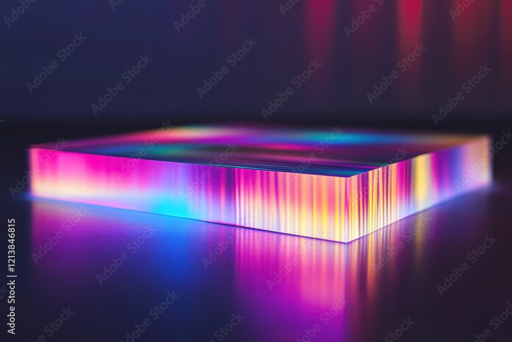 Poster vibrant light reflections dance across a crystal block emitting a spectrum of colors in a darkened s