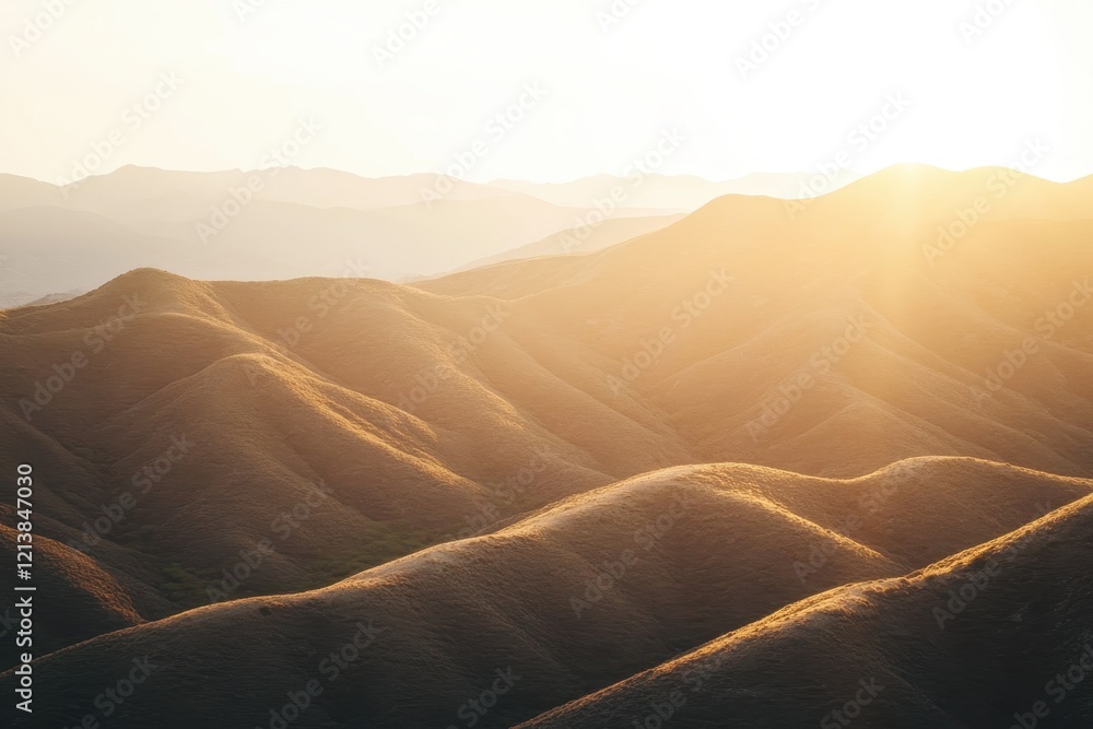 Poster golden rays of sunset cascade over rolling hills, creating a mesmerizing landscape in the soft eveni
