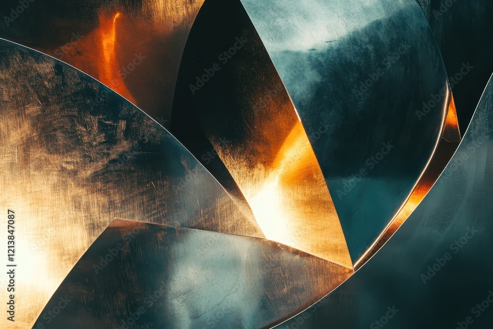 Poster curved metal surfaces reflecting light in intricate patterns create a mesmerizing visual experience 