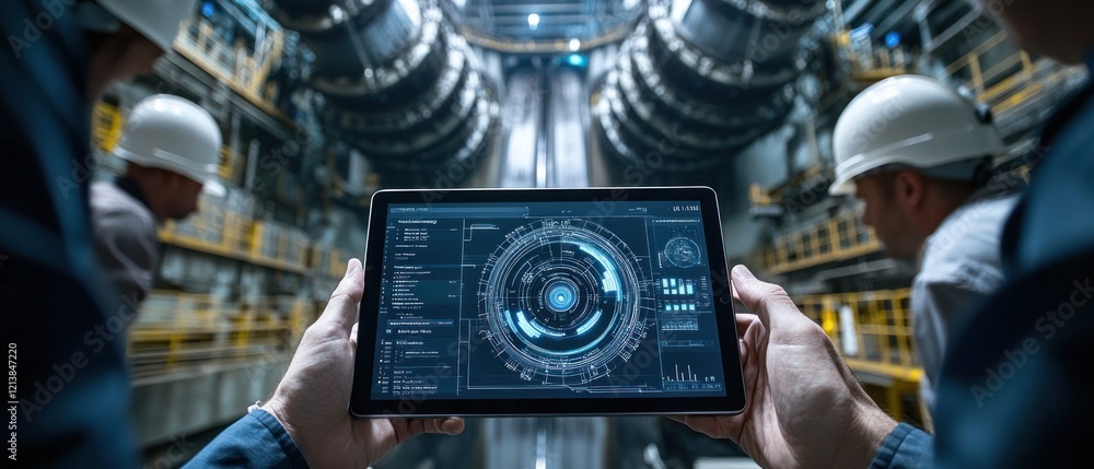 Poster engineers analyzing data on tablet in industrial setting