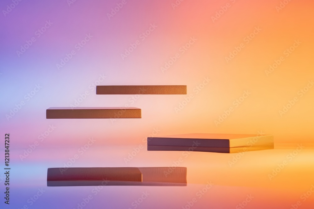 Poster floating geometric shapes create an ethereal visual experience in a vibrant, gradient backdrop. gene