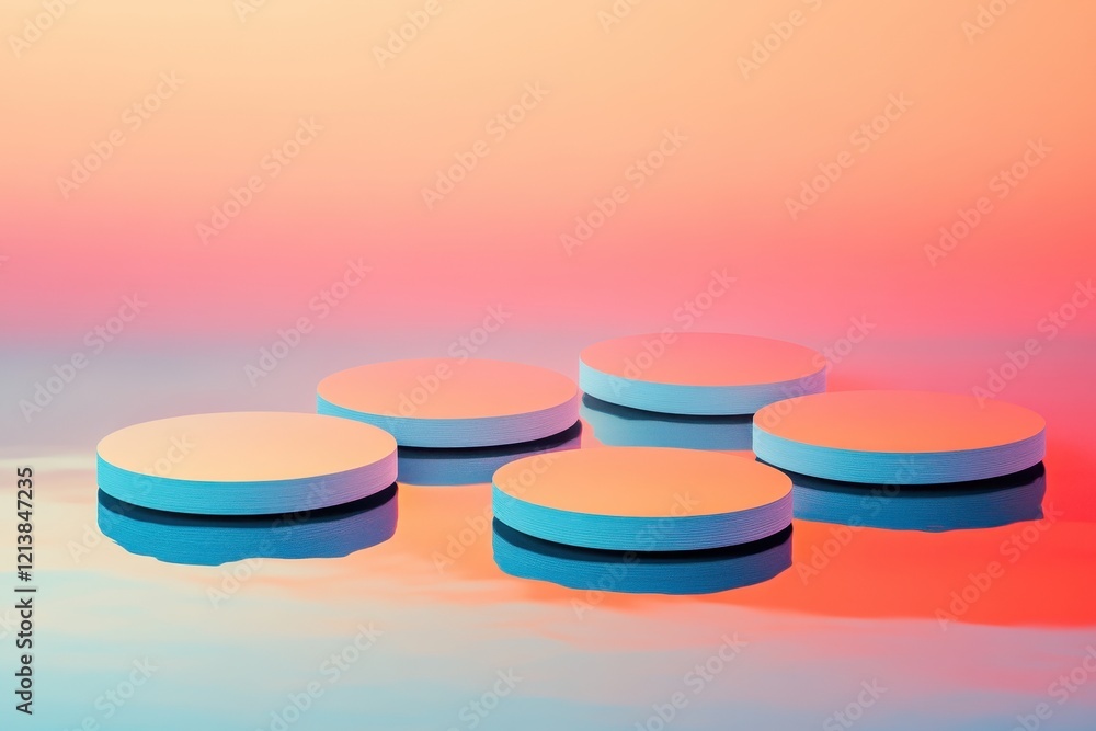 Poster floating circles reflect tranquil colors in a serene setting at sunset, creating a captivating visua