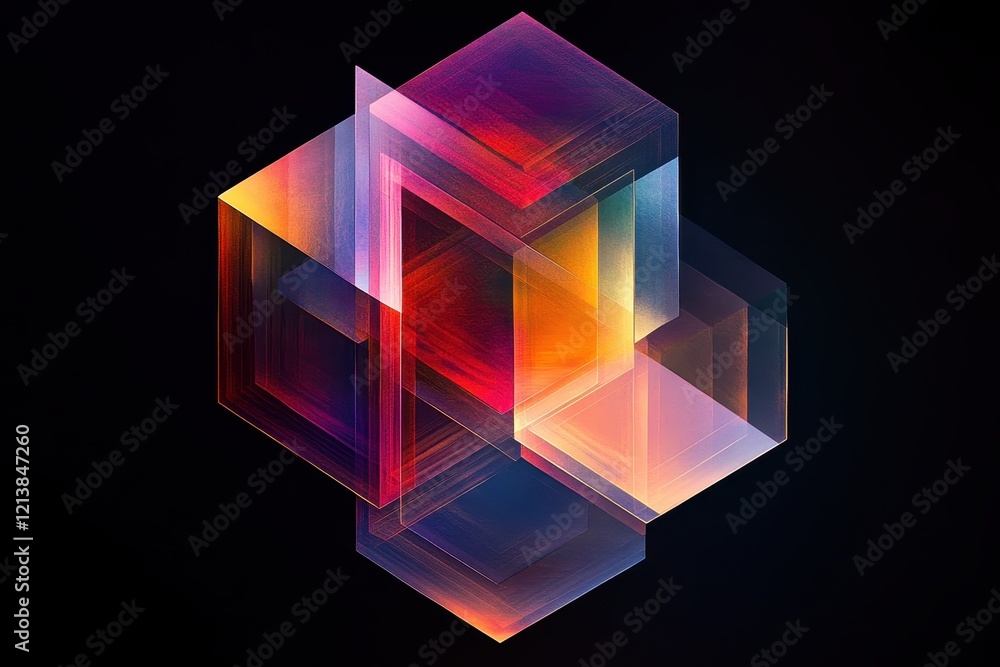 Poster vivid geometric shapes intertwine in a dynamic display of color and light against a dark backdrop. g