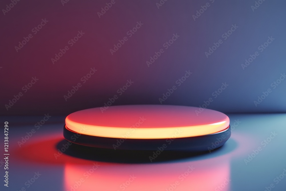 Poster illuminated circular platform glowing softly in shades of red and purple against a simple background