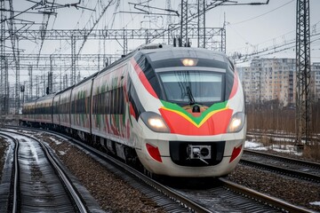 Fototapeta premium Modern train at high speed, Generative AI