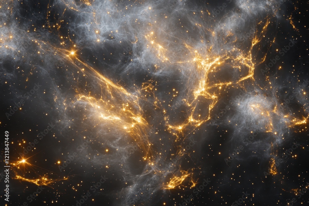 Poster swirling cosmic clouds illuminated by distant stars in the vastness of outer space during a silent c