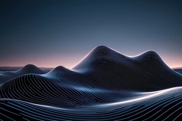Dreamlike mountains of light create a surreal landscape at dusk, enchanting viewers with undulating lines and shadows. Generative AI