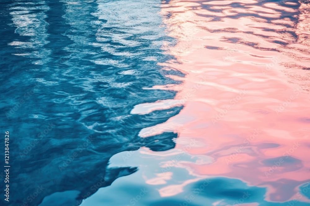 Poster reflective waves dance under a twilight sky in a tranquil pool setting at dusk, creating a serene at