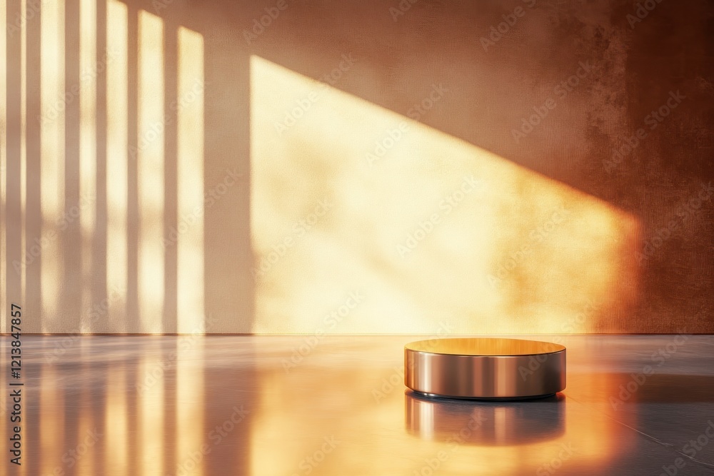 Poster natural light dances across a minimalist room with a golden reflective surface creating an inviting 
