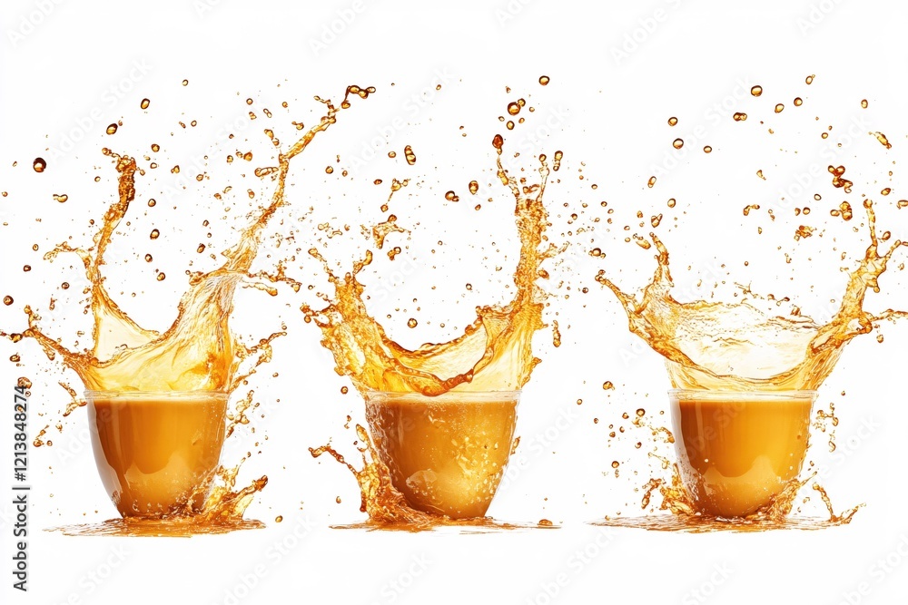 Poster three glasses of orange liquid splashing against a white background in a dynamic display