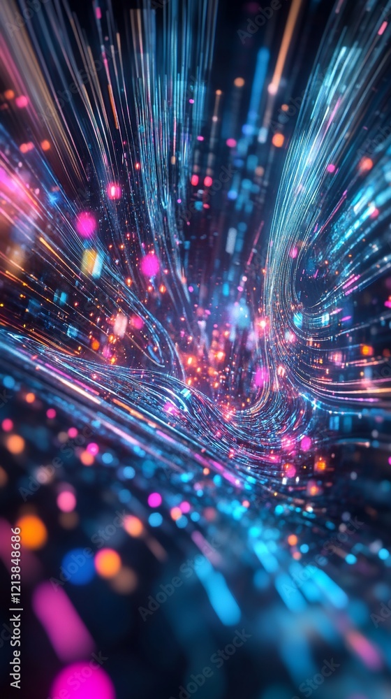  abstract digital data stream with flowing lines and sparkling bokeh elements