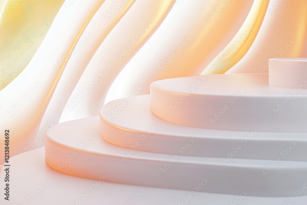 Poster creative display of smooth, curved steps illuminated by warm golden light in a minimalist space invi