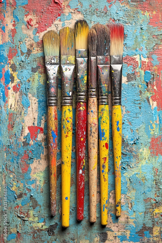 Poster paint brushes on colorful surface with artistic texture and vibrant colors in a studio setting