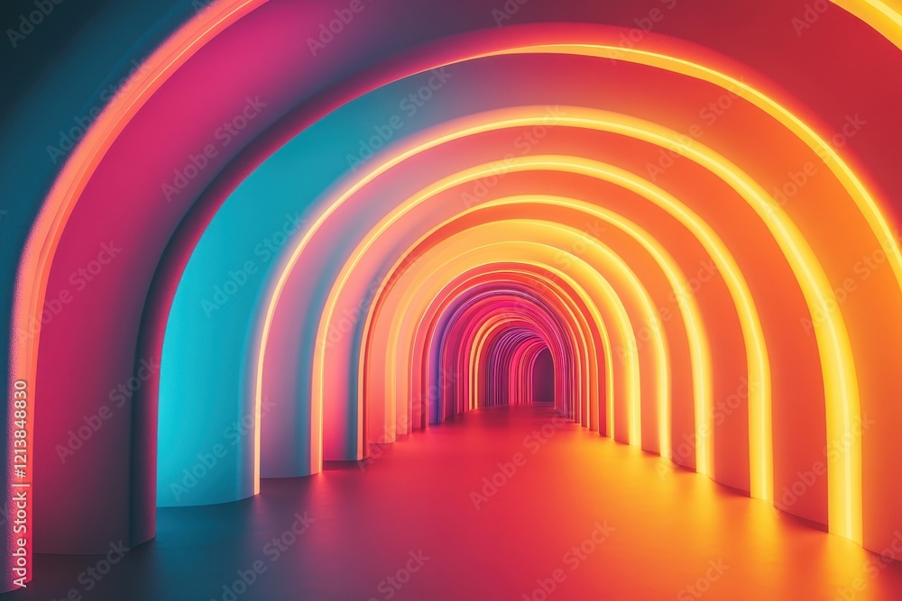 Poster vibrant neon arches create a mesmerizing tunnel in a futuristic space for art and exploration. gener