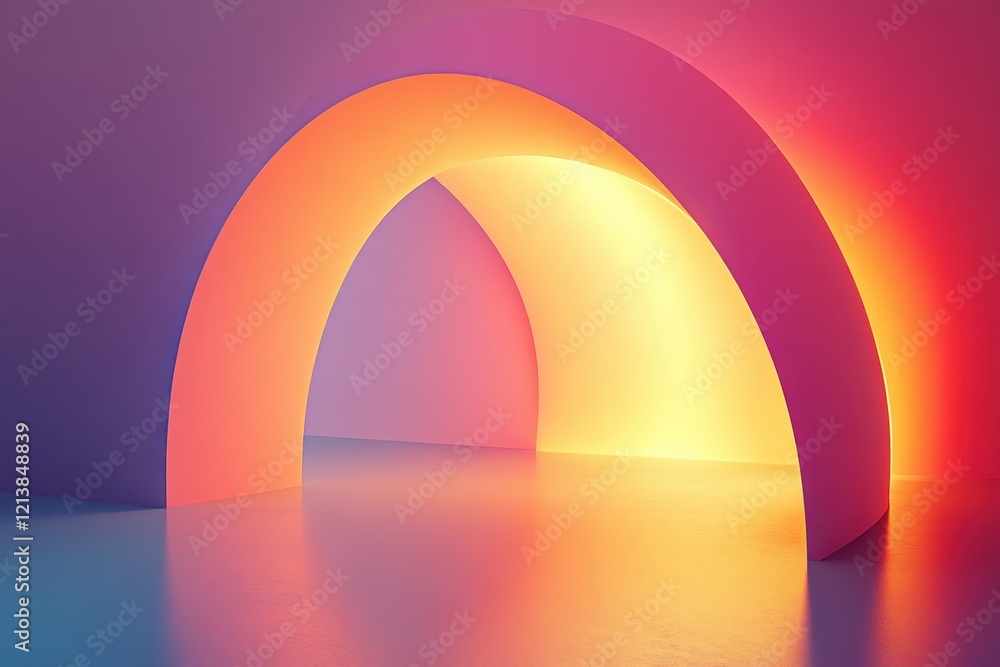 Poster creative use of light and color in an abstract space showcasing vivid arch shapes at dusk. generativ