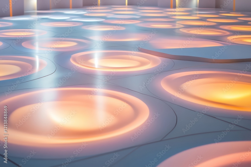 Poster illuminated circular patterns create a mesmerizing atmosphere in a modern indoor space during an eve