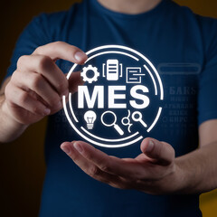 Manufacturing Execution System (MES): Streamlining Industrial Automation. A person showcases a glowing MES icon, symbolizing digital transformation,  