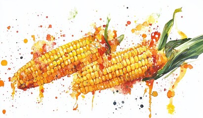 Two watercolor corn cobs with vibrant splashes.
