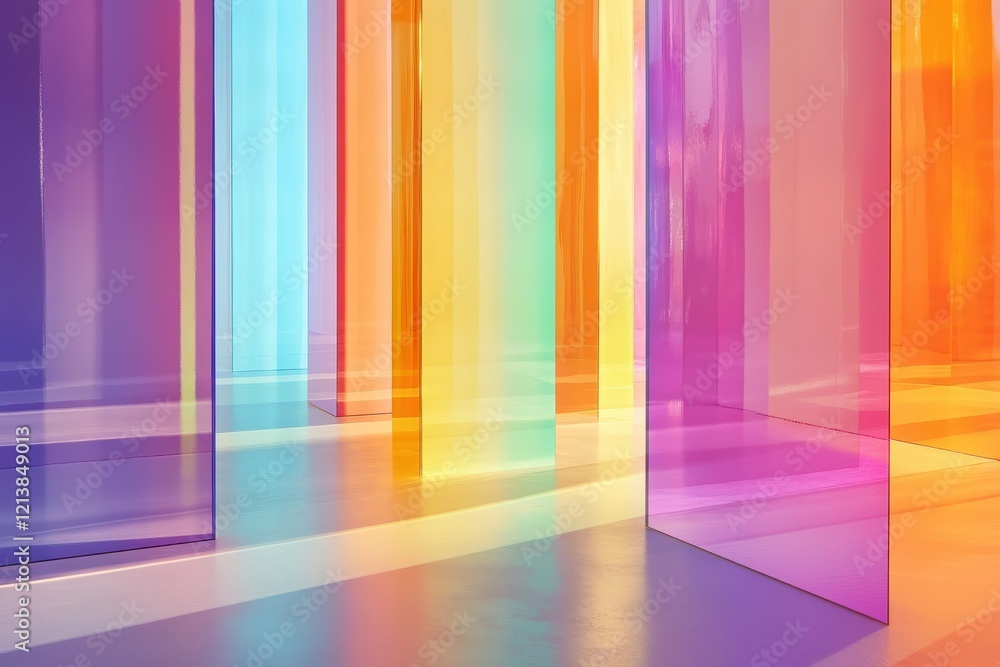 Poster vibrant light filters through colorful translucent panels in an artistic exhibit creating a mesmeriz
