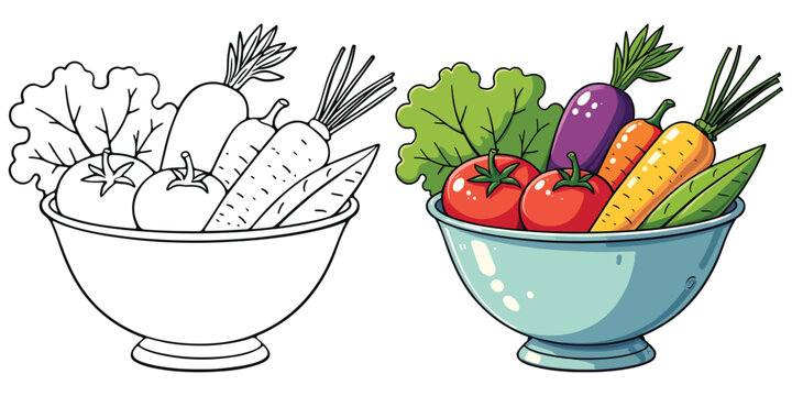 Vegetables and Fruits Line Art Vector Illustration Black and White with Coloring Sample. Bold and Easy Food, Fruits, Sweets, Drinks, Dessert, and Snacks Coloring Pages for Adults and Kids