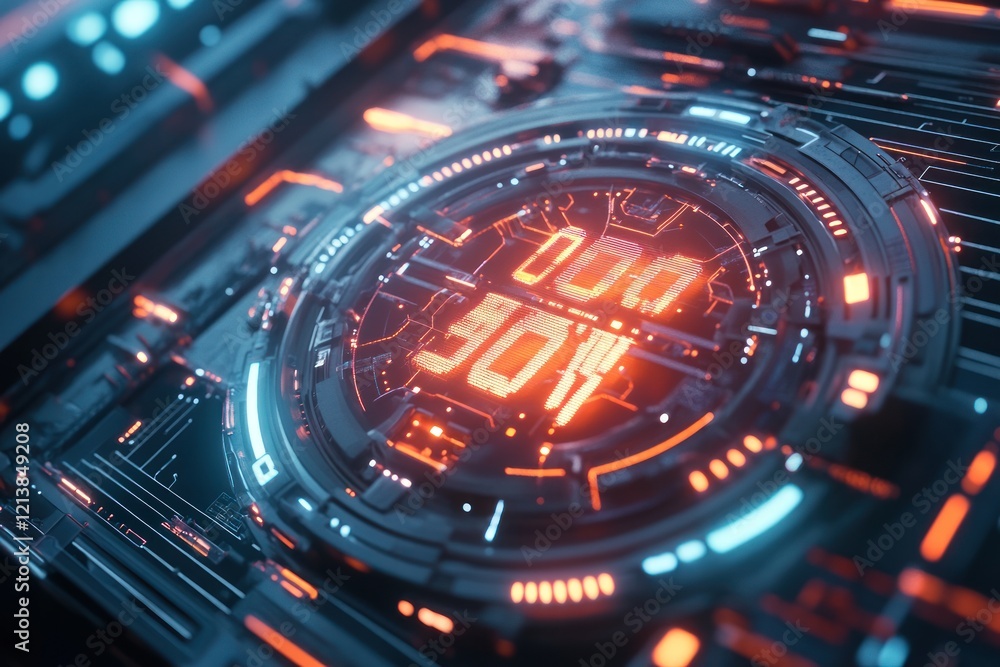 Poster futuristic timer showing 90 seconds, digital circuits background, countdown interface