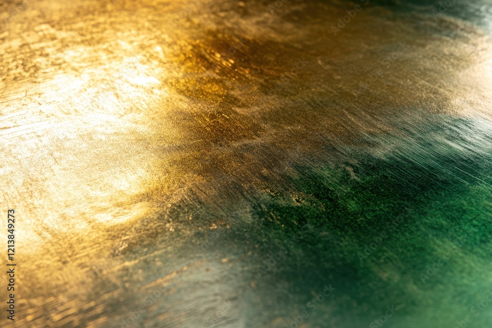 Poster reflections of light dance across a textured surface, merging golden hues with deep green tones in a