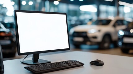 Modern workspace with a blank computer screen, keyboard, and mouse in a car dealership setting