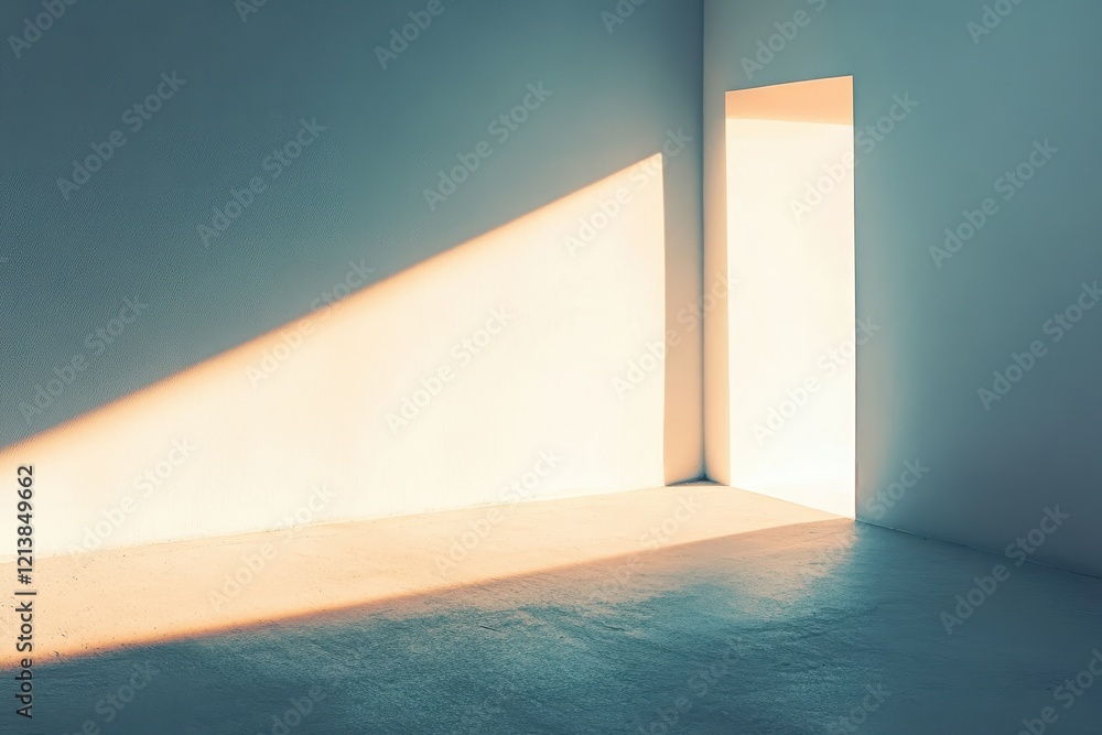 Poster light streaming through an open door creates a warm glow in a minimalist room. generative ai