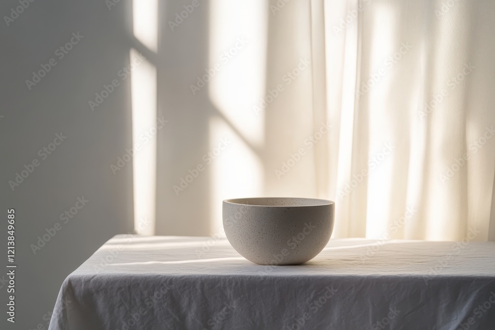 Poster soft light dances on a serene bowl resting on a table draped in white fabric during a calming aftern