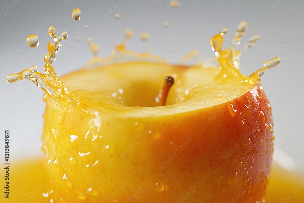 Poster half apple splash with juice drops in motion on a light gray background close up view