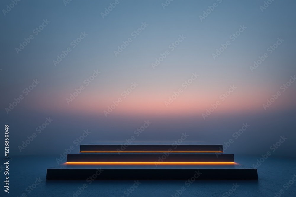 Poster serene twilight reflections over illuminated steps by the calm waterscape at dusk. generative ai
