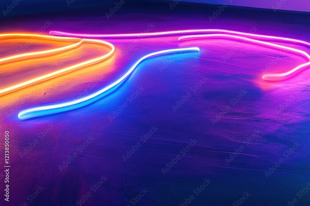 Poster vibrant neon light trails create an abstract display on a dark surface in an art gallery setting. ge