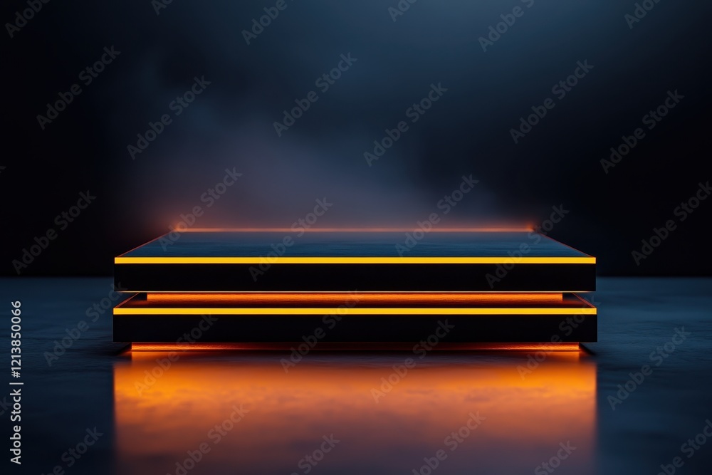 Poster illuminated platform in a dark space evokes a futuristic atmosphere with glowing edges and subtle mi