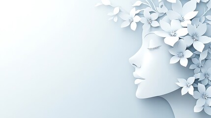 A minimalistic paper cut art of a woman's face and delicate flowers, portraying the concept of optimism, with a clean, solid background with the space.